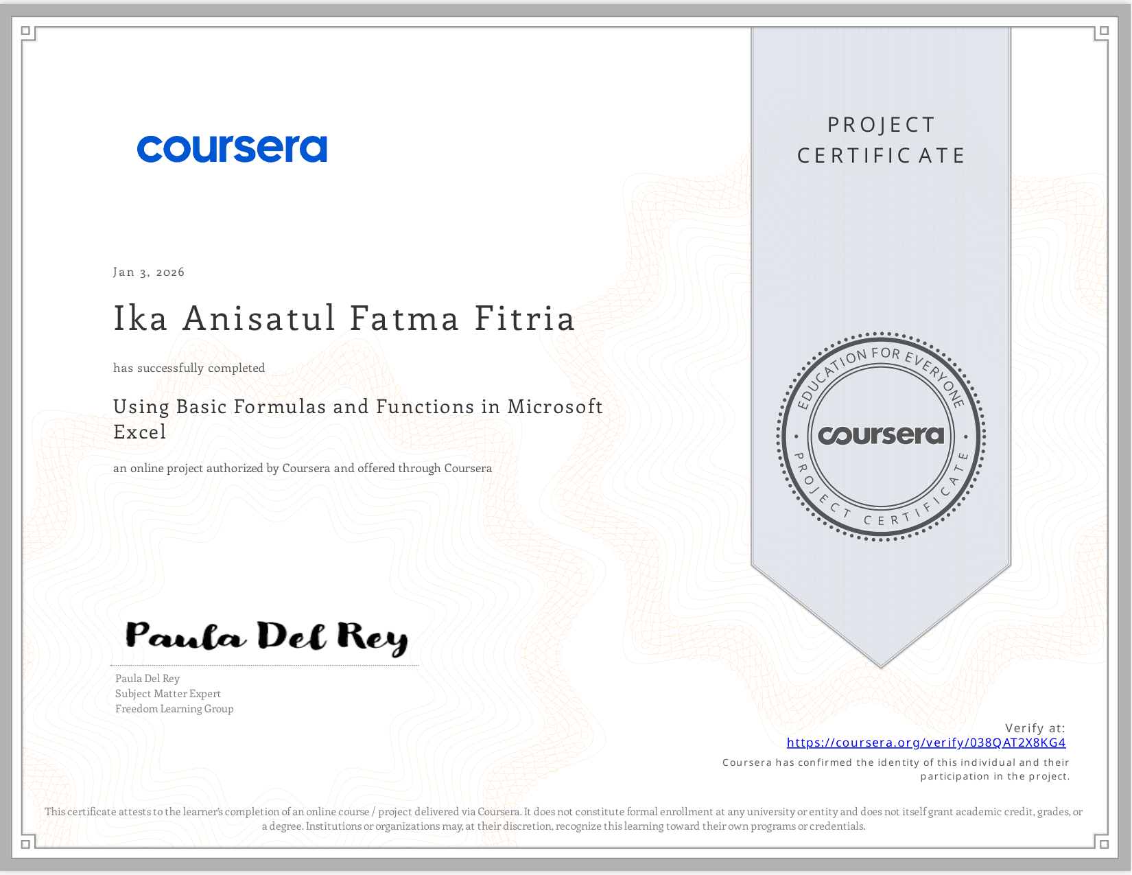Coursera Using Basic Formulas and Functions in Microsoft Excel