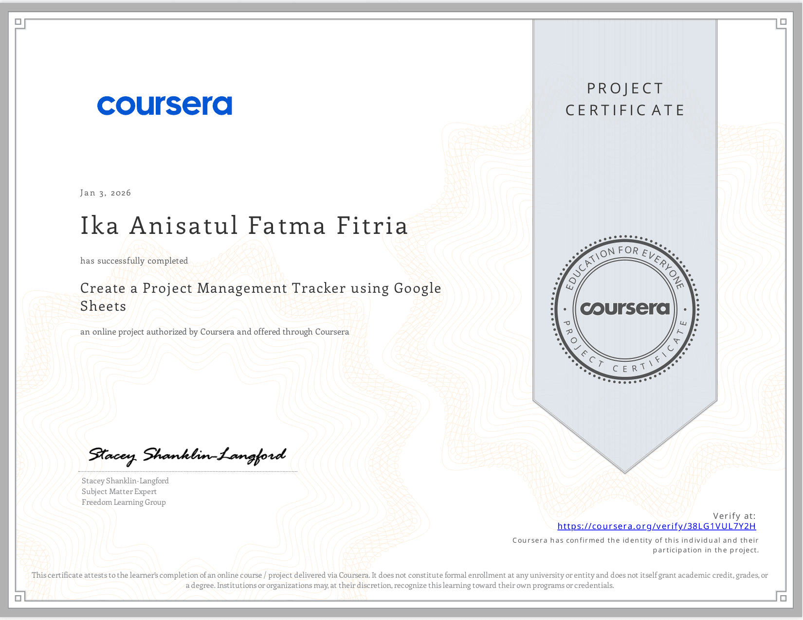 Coursera Create a Project Management Tracker using Google Sheets
