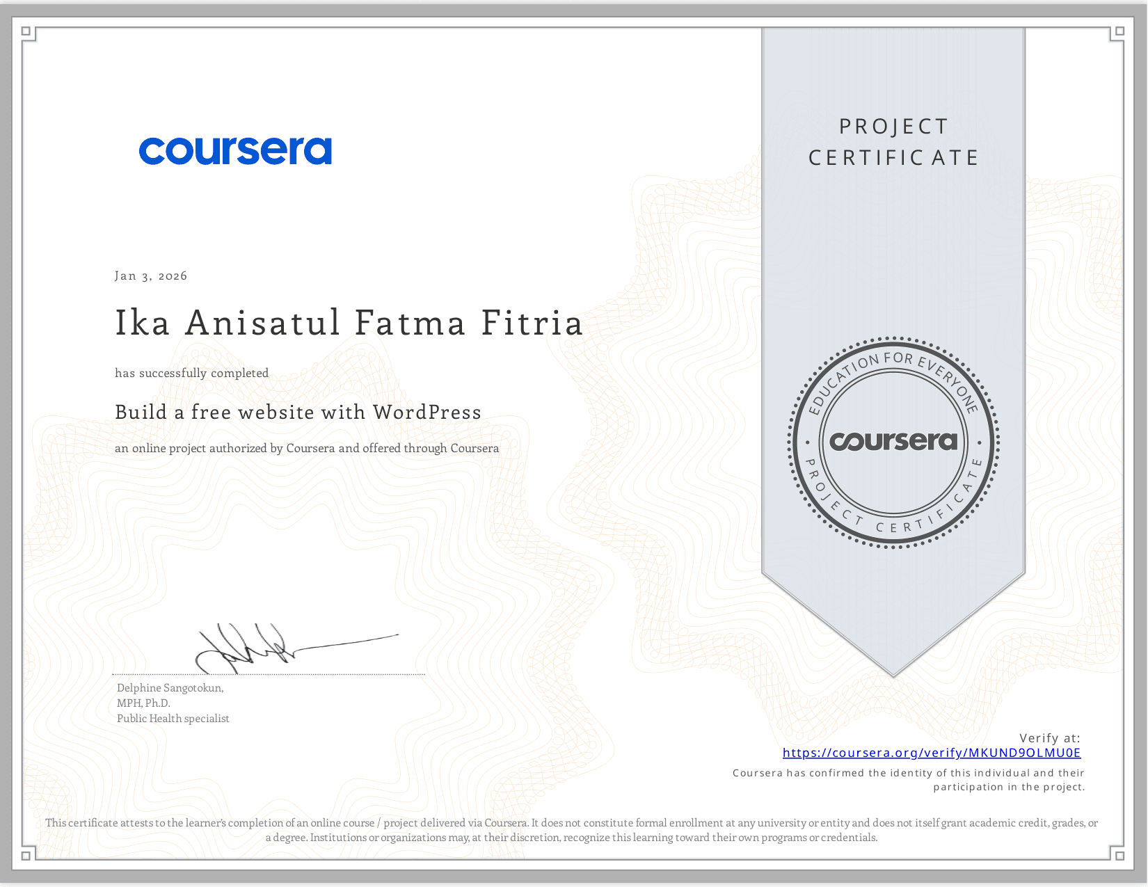 Coursera Build a free website with WordPress